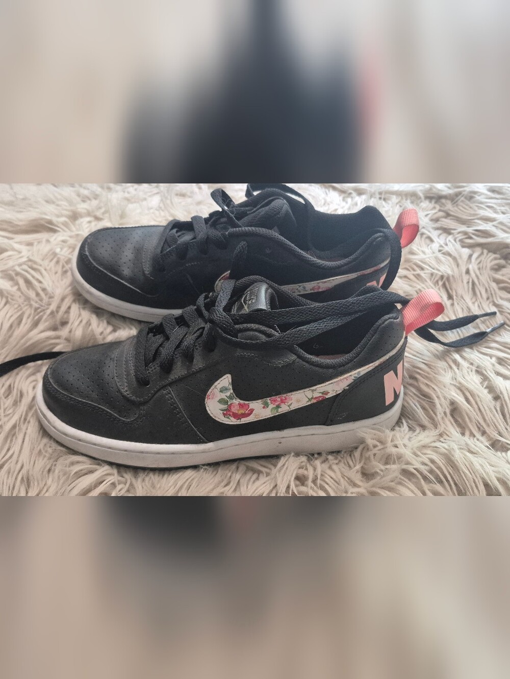 Nike Kids Black Sneakers with Floral Swoosh and Pink Accents